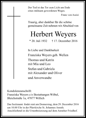 Traueranzeige von Herbert Weyers von trauer.extra-tipp-moenchengladbach.de