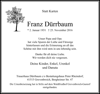 Traueranzeige von Franz Dürrbaum von trauer.stadt-kurier.de