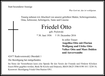 Traueranzeige von Friedel Otto von trauer.wuppertaler-rundschau.de