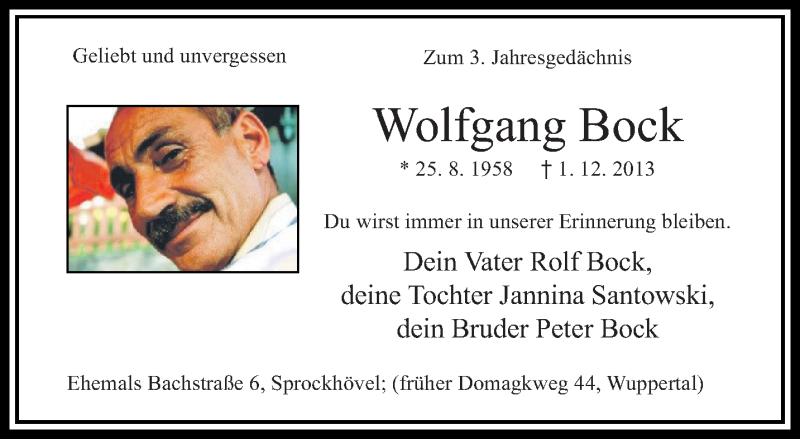  Traueranzeige für Wolfgang Bock vom 03.12.2016 aus trauer.wuppertaler-rundschau.de