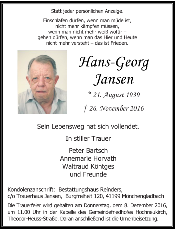 Traueranzeige von Hans-Georg Jansen von trauer.stadt-kurier.de