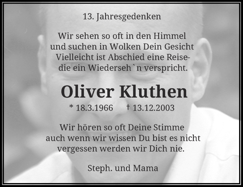  Traueranzeige für Oliver Kluthen vom 14.12.2016 aus trauer.wuppertaler-rundschau.de