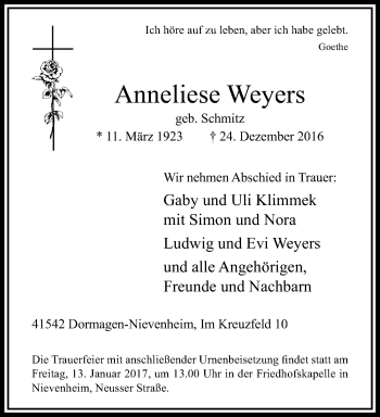 Traueranzeige von Anneliese Weyers von trauer.duesseldorfer-anzeiger.de