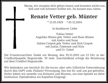 Traueranzeige von Renate Vetter von trauer.wuppertaler-rundschau.de