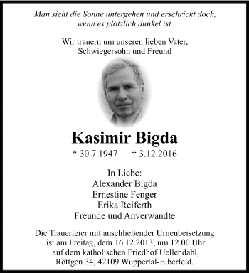 Traueranzeige von Kasimir Bigda von trauer.wuppertaler-rundschau.de