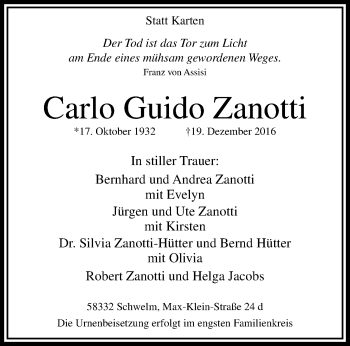 Traueranzeige von Carlo Guido Zanotti von trauer.mein.krefeld.de