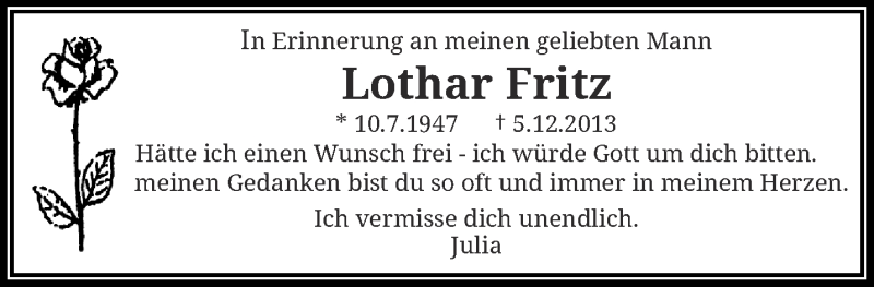  Traueranzeige für Lothar Fritz vom 03.12.2016 aus trauer.wuppertaler-rundschau.de