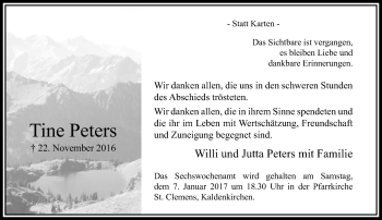 Traueranzeige von Tine Peters von trauer.extra-tipp-moenchengladbach.de