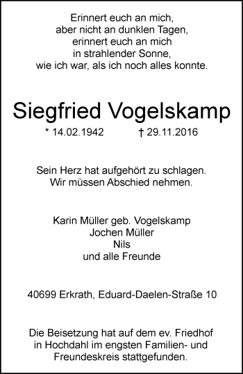 Traueranzeige von Siegfried Vogelskamp von trauer.duesseldorfer-anzeiger.de