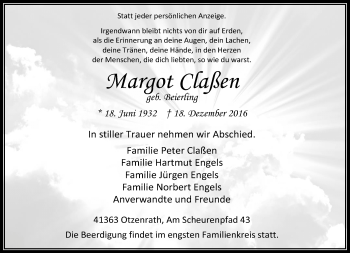 Traueranzeige von Margot Claßen von trauer.stadt-kurier.de