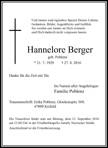 Traueranzeige von Hannelore Berger von trauer.extra-tipp-moenchengladbach.de