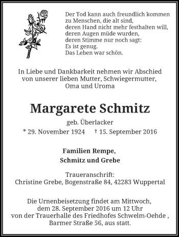 Traueranzeige von Margarete Schmitz von trauer.wuppertaler-rundschau.de