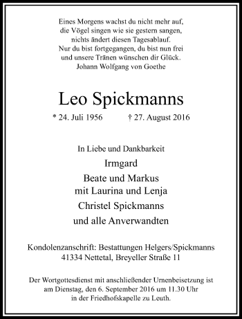 Traueranzeige von Leo Spickmanns von trauer.extra-tipp-moenchengladbach.de