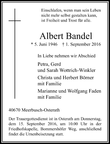 Traueranzeige von Albert Bandel von trauer.extra-tipp-moenchengladbach.de