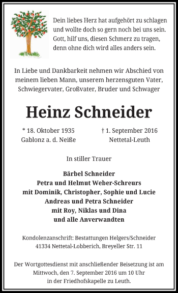 Traueranzeige von Heinz Schneider von trauer.extra-tipp-moenchengladbach.de