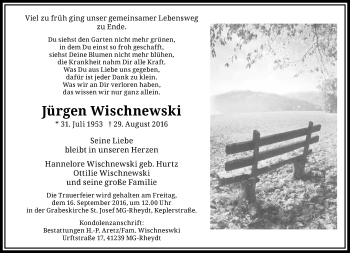 Traueranzeige von Jürgen Wischnewski von trauer.extra-tipp-moenchengladbach.de