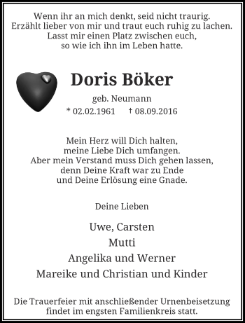 Traueranzeige von Doris Böker von trauer.wuppertaler-rundschau.de