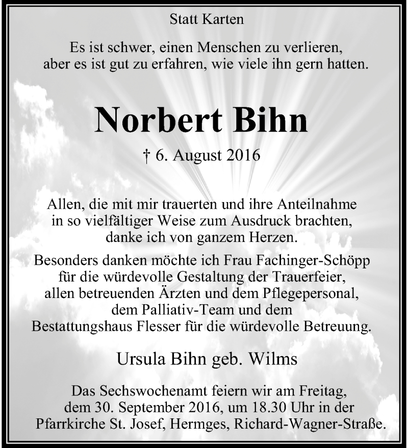  Traueranzeige für Norbert Bihn vom 25.09.2016 aus trauer.extra-tipp-moenchengladbach.de