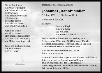 Traueranzeige von Johannes Möller von trauer.extra-tipp-moenchengladbach.de