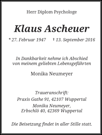 Traueranzeige von Klaus Ascheuer von trauer.wuppertaler-rundschau.de