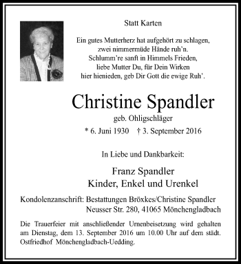 Traueranzeige von Christine Spandler von trauer.extra-tipp-moenchengladbach.de