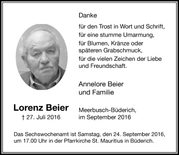 Traueranzeige von Lorenz Beier Meerbusch-Büderich von trauer.extra-tipp-moenchengladbach.de