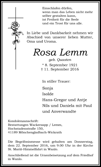 Traueranzeige von Rosa Lemm von trauer.extra-tipp-moenchengladbach.de