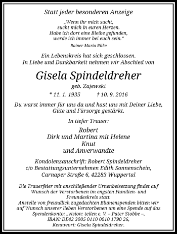 Traueranzeige von Gisela Spindeldreher von trauer.wuppertaler-rundschau.de