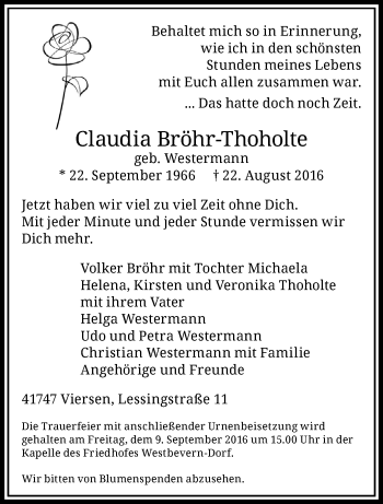 Traueranzeige von Claudia Bröhr-Thoholte von trauer.extra-tipp-moenchengladbach.de