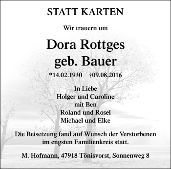 Traueranzeige von Dora Rottges von trauer.mein.krefeld.de