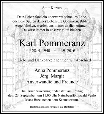 Traueranzeige von Karl Pommeranz von trauer.extra-tipp-moenchengladbach.de