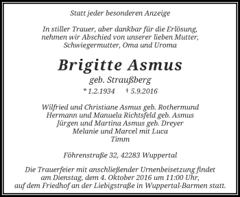 Traueranzeige von Brigitte Asmus von trauer.wuppertaler-rundschau.de