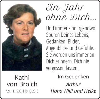 Traueranzeige von Kathi von Broich von Rheinisch-Bergische Anzeigenblatt