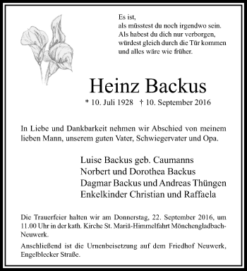 Traueranzeige von Heinz Backus von trauer.extra-tipp-moenchengladbach.de