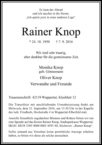 Traueranzeige von Rainer Knop von trauer.wuppertaler-rundschau.de