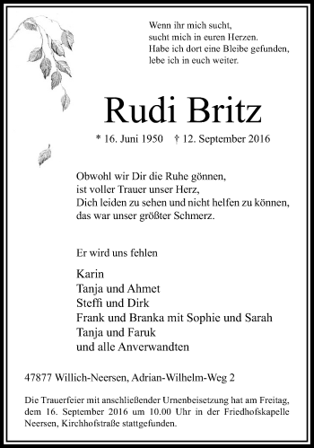 Traueranzeige von Rudi Britz von Rheinisch-Bergische Anzeigenblatt