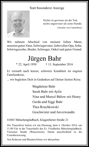 Traueranzeige von Jürgen Bahr von trauer.extra-tipp-moenchengladbach.de