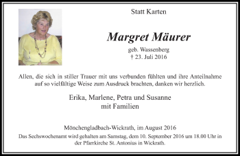 Traueranzeige von Margret Mäurer von trauer.extra-tipp-moenchengladbach.de