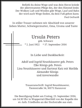 Traueranzeige von Ursula Peters von trauer.wuppertaler-rundschau.de