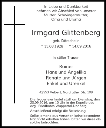 Traueranzeige von Irmgard Glittenberg von trauer.wuppertaler-rundschau.de