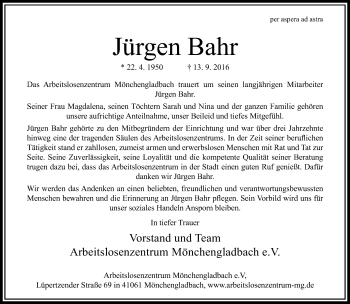 Traueranzeige von Jürgen Bahr von trauer.extra-tipp-moenchengladbach.de