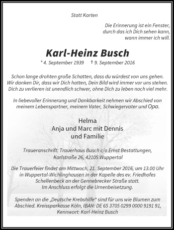 Traueranzeige von Karl-Heinz Busch von trauer.wuppertaler-rundschau.de