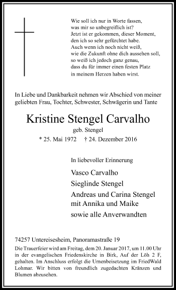 Traueranzeige von Kristine Stengel Carvalho von trauer.duesseldorfer-anzeiger.de