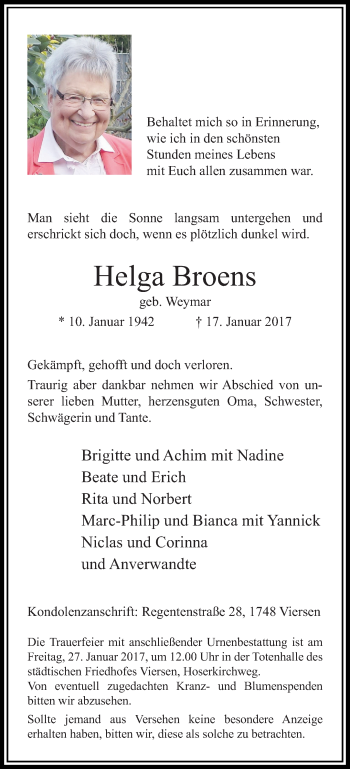 Traueranzeige von Helga Broens von trauer.extra-tipp-moenchengladbach.de