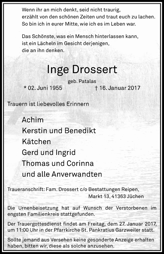  Traueranzeige für Inge Drossert vom 25.01.2017 aus trauer.stadt-kurier.de