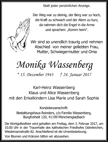 Traueranzeige von Monika Wassenberg von trauer.extra-tipp-moenchengladbach.de