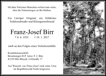 Traueranzeige von Franz-Josef Birr von trauer.extra-tipp-moenchengladbach.de