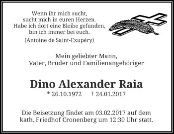 Traueranzeige von Dino Alexander Raia von trauer.wuppertaler-rundschau.de