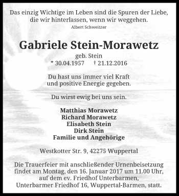 Traueranzeige von Gabriele Stein-Morawetz von trauer.wuppertaler-rundschau.de