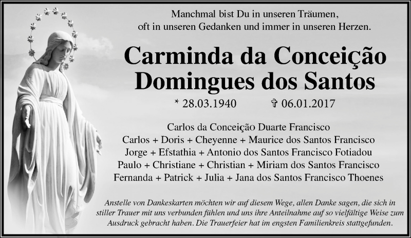  Traueranzeige für Carminda da ConceiÇão Domingues dos Santos vom 14.01.2017 aus trauer.stadt-kurier.de
